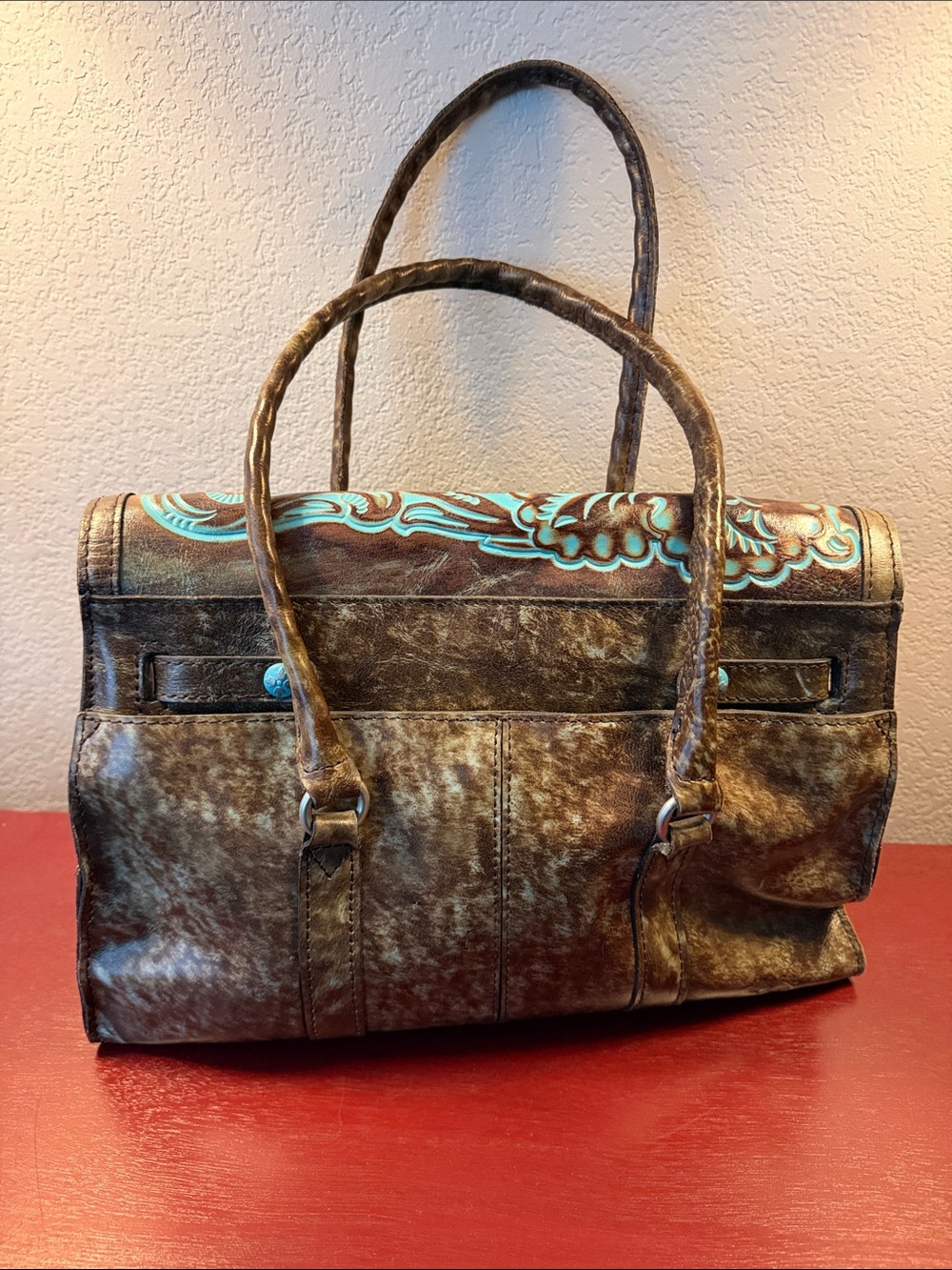 Patricia Nash Turquoise and Brown Tooled Floral Leather Satchel - Picture 7 of 10